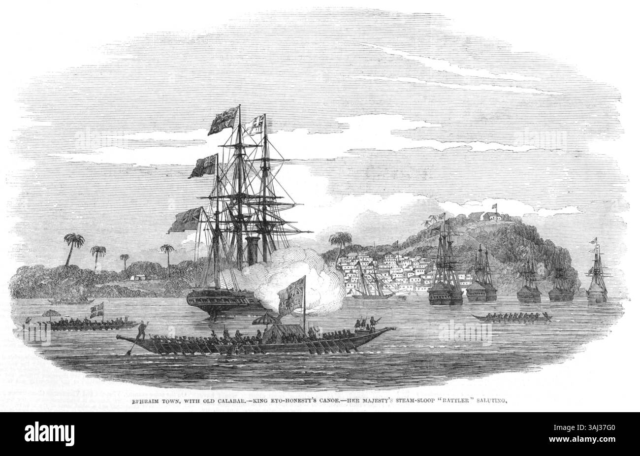 Questa illustrazione mostra la città di Ephrahim nel centro storico di Calabar, con la canoa di Re Eyo-Honesty e il saluto di sua Maestà "Rattler". È stato pubblicato su Illustrated London News il 22 giugno 1850 e cattura un momento tra la marina britannica e i leader africani durante il periodo coloniale in Africa occidentale. Foto Stock