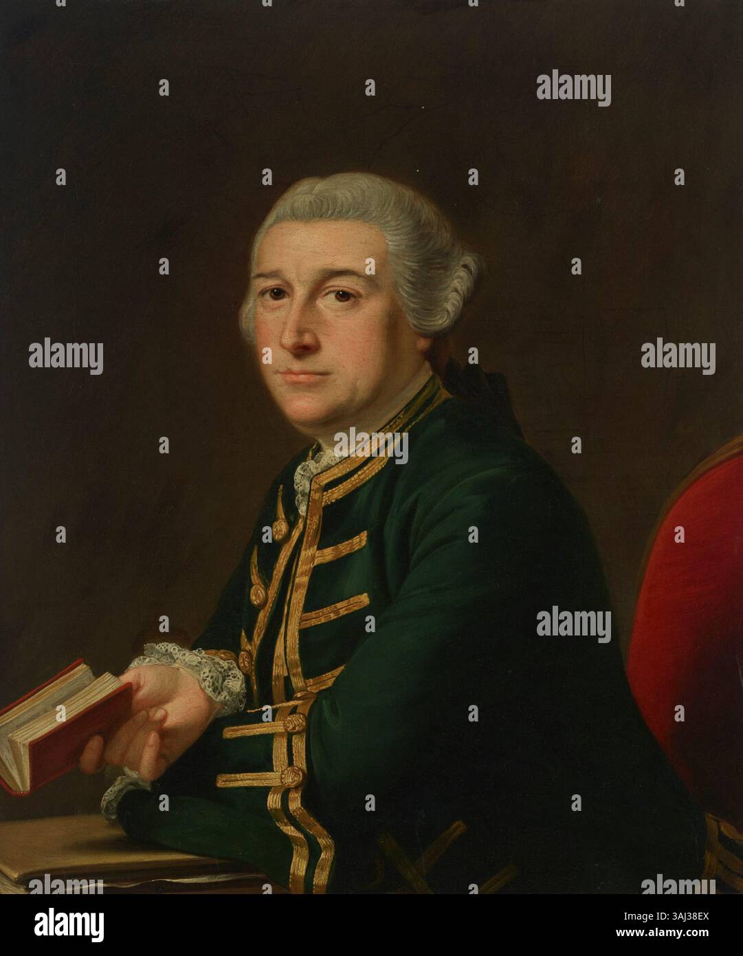 Questo ritratto del XVIII secolo di Thomas Hudson raffigura David Garrick, un famoso attore dell'epoca, seduto con un libro in mano. La pittura a olio su tela enfatizza la sua personalità intellettuale e teatrale. Foto Stock