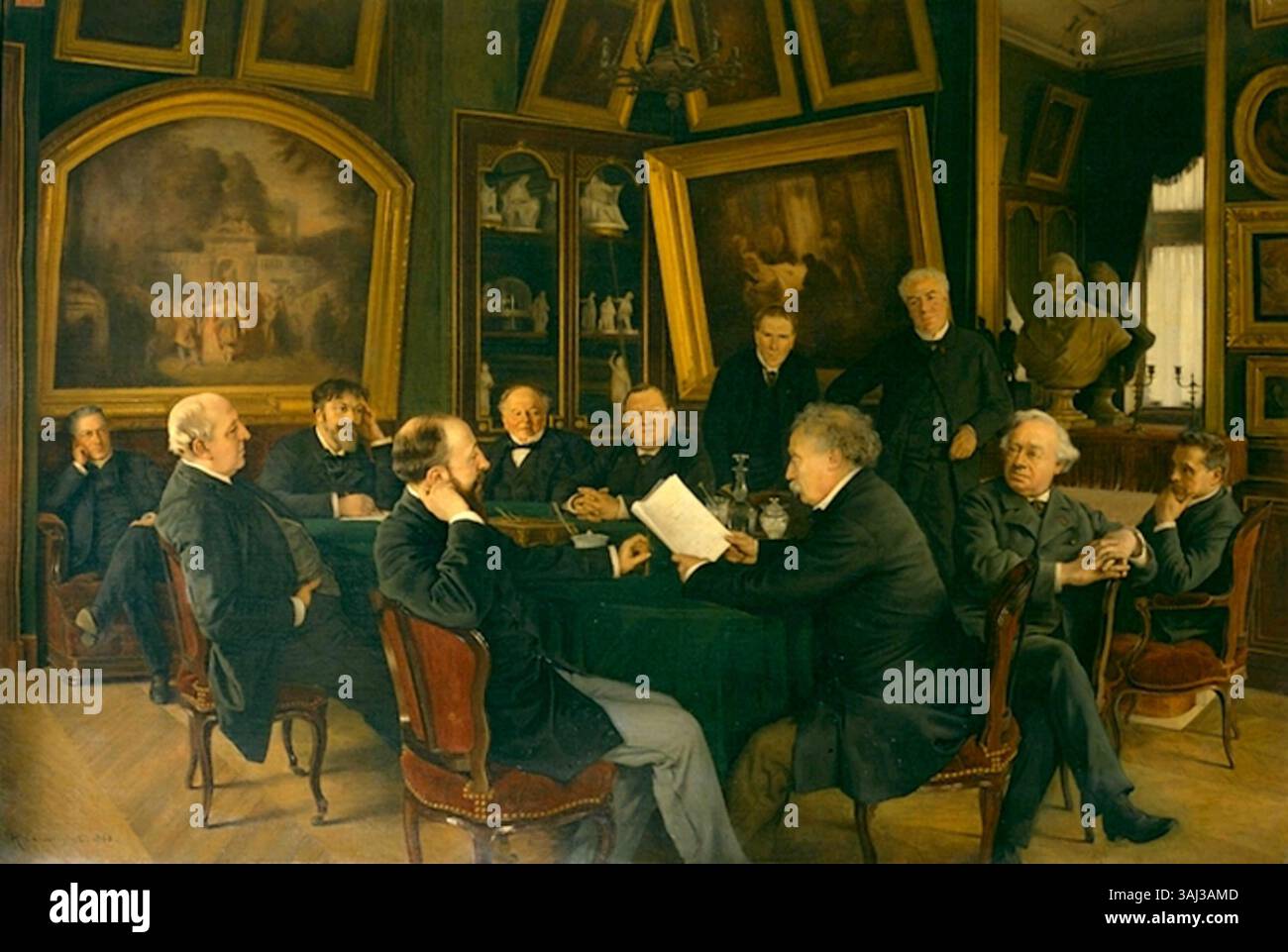 Il dipinto "Séance de lecture à la Comédie Francoaise" di Adolphe Henri Laissement raffigura una sessione di lettura presso la Comédie-Francoise. Mostra Alexandre Dumas fils che leggono "Francillon" nel novembre 1886. L'opera d'arte, parte del Salon del 1888, cattura l'interno prima dell'incendio del 1900. Foto Stock