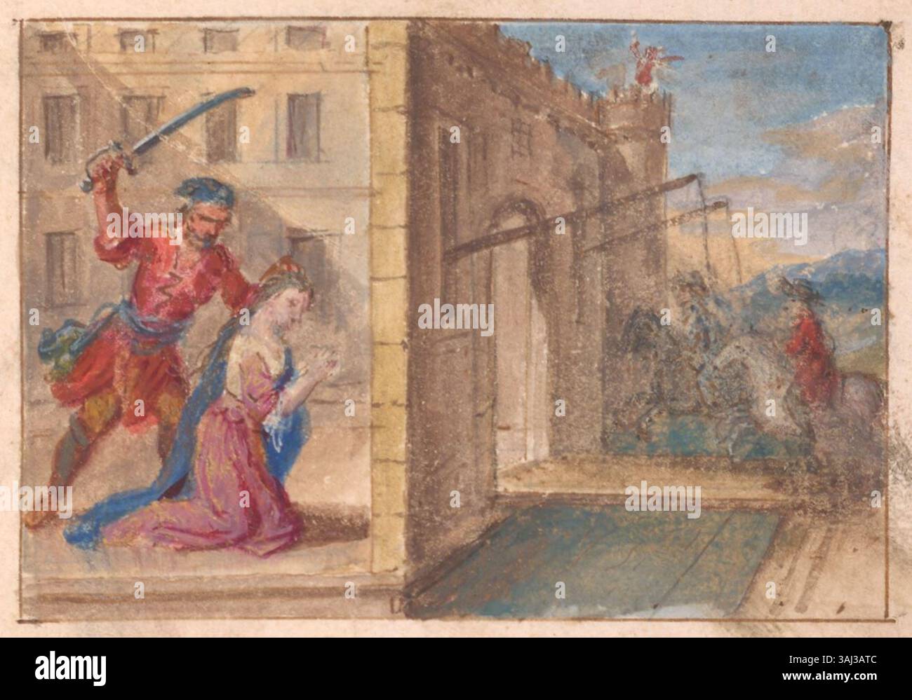 L'illustrazione gouache nel manoscritto del 1695 di Charles Perrault "la Barbe bleue" (Barbablù) cattura la scena drammatica di salvataggio in cui la moglie di Barbablù viene salvata dai suoi fratelli. L'opera d'arte, ospitata presso la Morgan Library & Museum di New York, sottolinea la tensione e l'eroismo della narrazione. Foto Stock