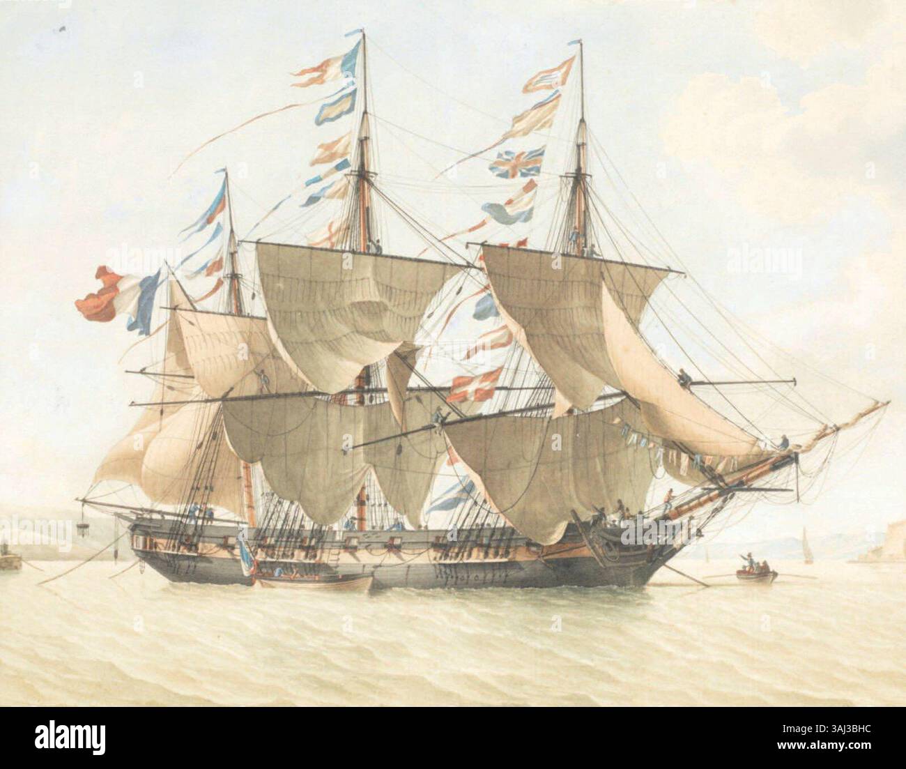 Una scena marittima di Antoine Roux, dipinta intorno al 1806, mostra una nave corvetta francese da 20 cannoni, probabilmente asciugando le sue vele in un ambiente costiero. Foto Stock