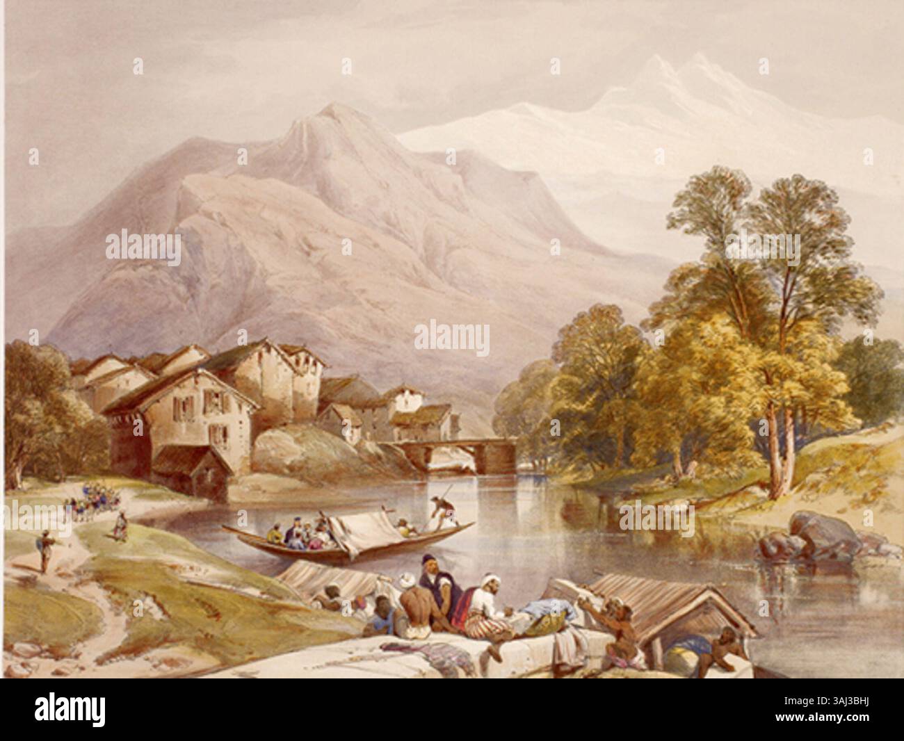 La placca 21 di "ricordi dell'India" raffigura il bij-Beara, situato tra Islamabad e Kashmir. Disegnata da James Duffield Harding, questa litografia del 1847 cattura il paesaggio e la geografia della regione. Foto Stock