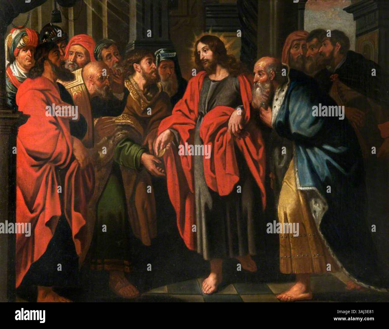 Questo dipinto religioso, "The Tribute Money", creato tra il 1600 e il 1629, fa parte della collezione del National Trust. Si tratta di un olio su tela che raffigura una scena biblica del nuovo Testamento. Foto Stock