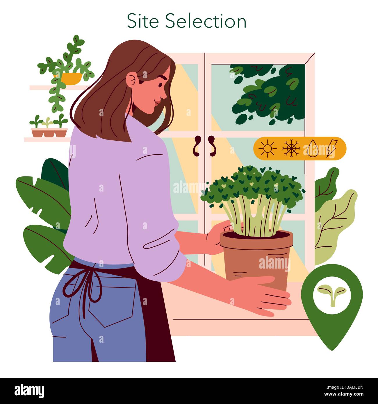 Le mini fattorie promuovono pratiche di vita e giardinaggio sostenibili. Questa illustrazione mostra una persona che seleziona un sito per la coltivazione di piante al chiuso con luce naturale e vegetazione sullo sfondo. Illustrazione Vettoriale