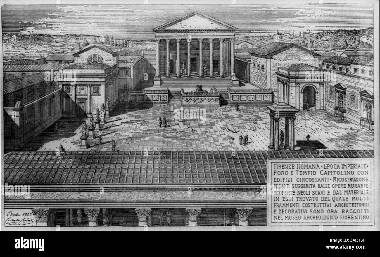 Una ricostruzione ideale del foro Romano e del Tempio Capitolino a Corinto, che illustra la grandiosità dell'antica architettura romana e delle sue strutture circostanti. La ricostruzione raffigura l'epoca imperiale con elementi architettonici dettagliati. Foto Stock