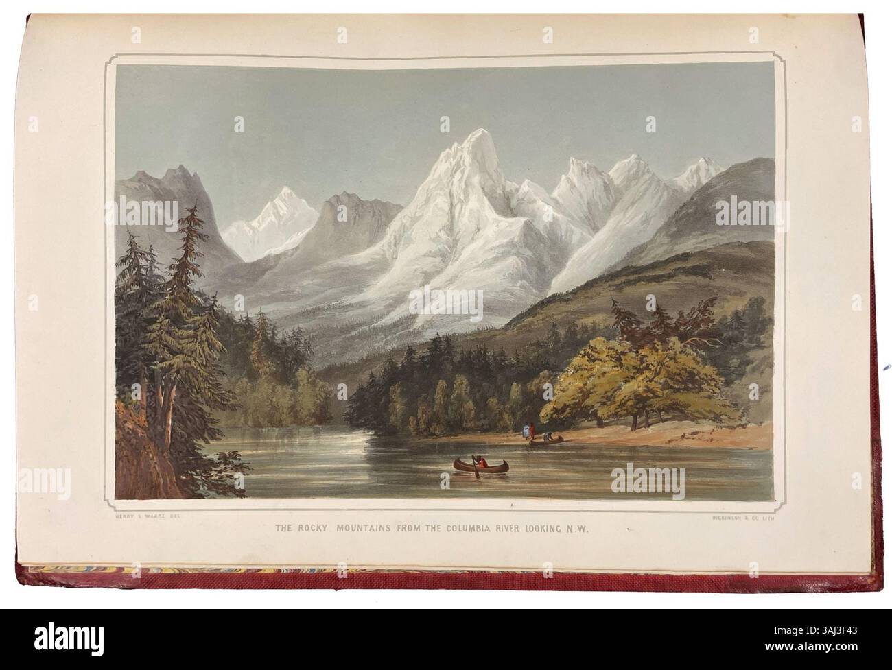 Questa litografia di Henry James Warre, creata nel 1848, mostra la vista delle Montagne Rocciose dal fiume Columbia, offrendo una prospettiva del terreno accidentato lungo il territorio dell'Oregon. Foto Stock