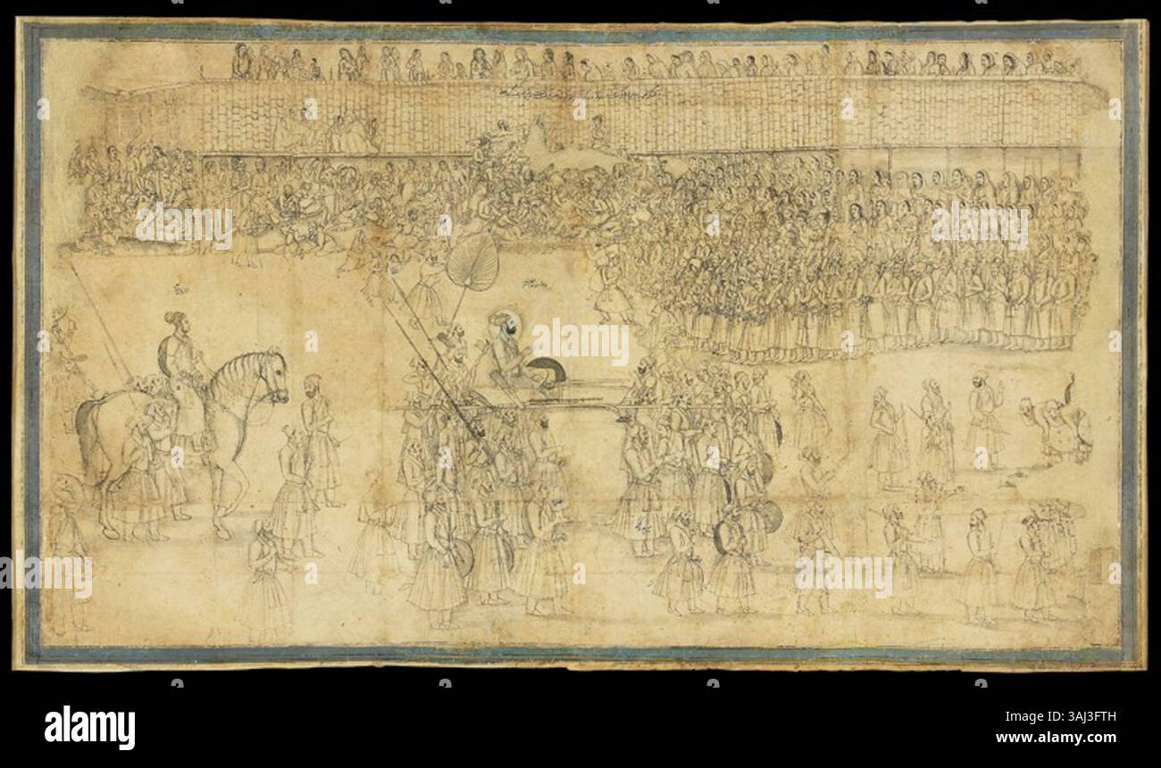 Un disegno raffigurante il principe Azam Shah, figlio dell'imperatore Mughal Aurangzeb, entrato ad Ahmedabad nel 1701. Azam Shah viene mostrato essere portato in un palanchino, mentre suo figlio segue a cavallo. I cittadini si riuniscono per guardare e cercare le monete gettate dal principe. Foto Stock