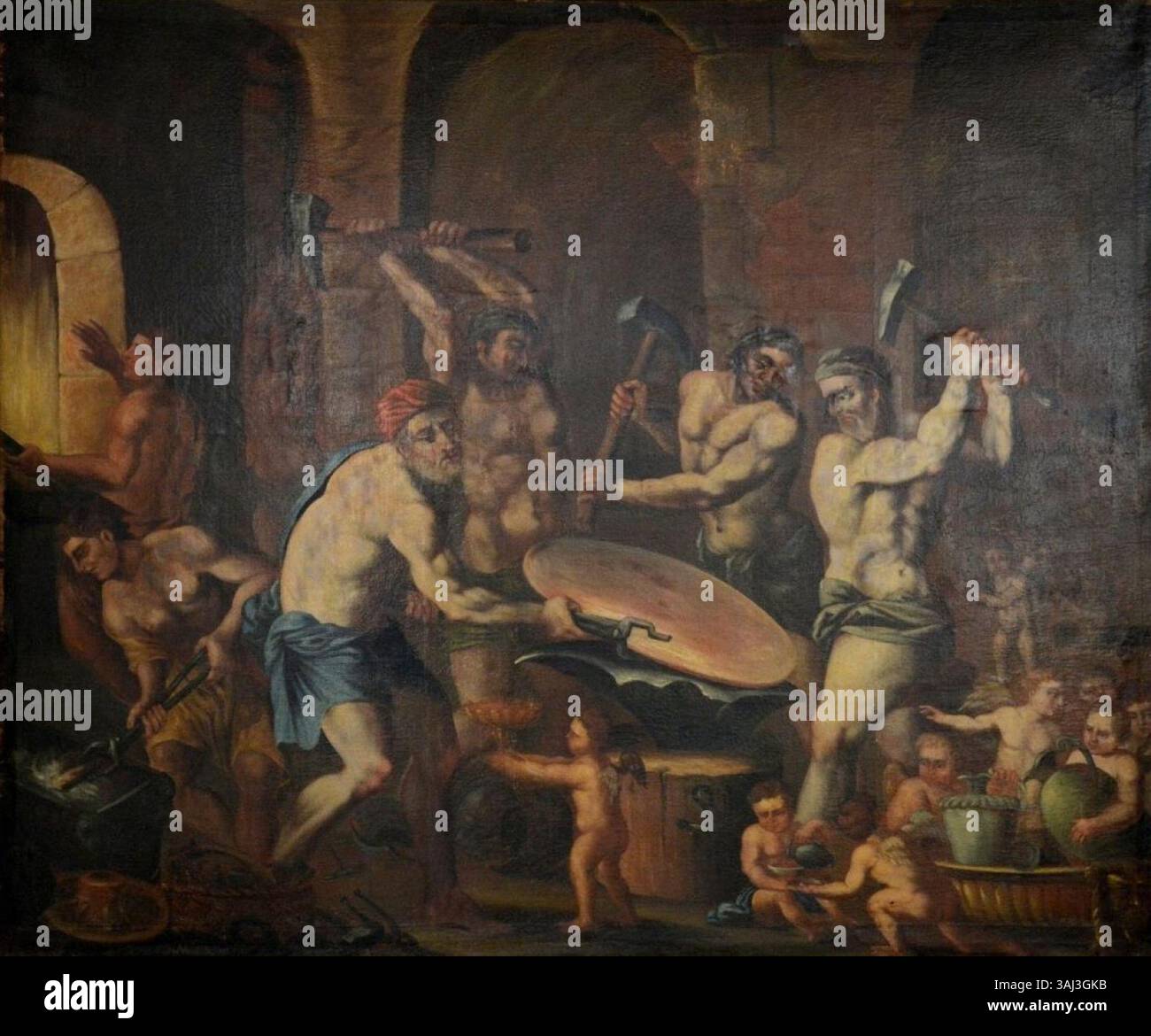 *Hefajst kuje Ahilov it* (Efesto che forgia l'armatura di Achille), un dipinto ad olio della prima metà del XVIII secolo. Raffigura il dio greco Efesto che forgia l'armatura per l'eroe Achille, basato sulla mitologia classica. Foto Stock