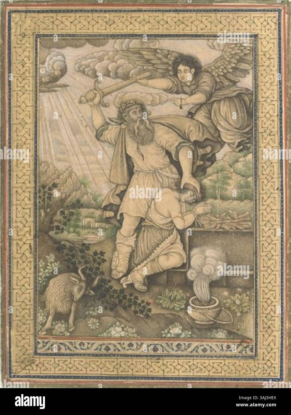 Questo dipinto safavide, creato tra la fine del XVII e l'inizio del XVIII secolo, illustra la storia biblica del sacrificio di Isacco. La scena mostra Abramo con Isacco e l'ariete, un soggetto comune nell'arte religiosa durante il periodo. Foto Stock