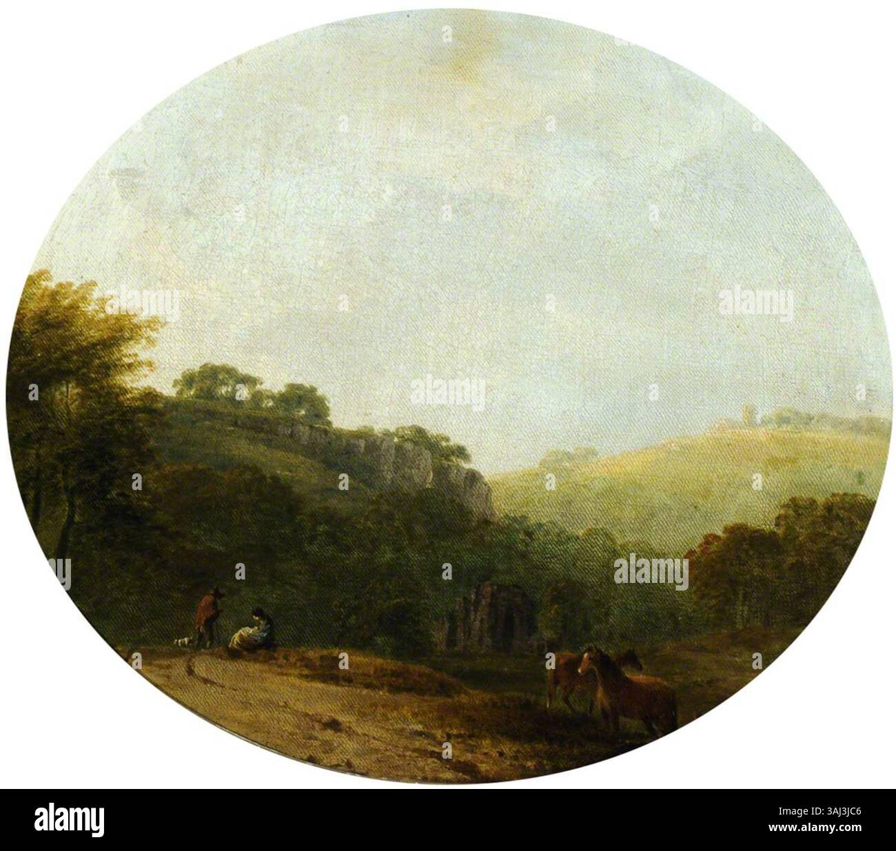 Un dipinto nello stile di Richard Wilson (1713-1782), raffigurante figure e cavalli in un paesaggio rurale, dipinto tra il 1700 e il 1799. La pittura a olio è su tela. Foto Stock