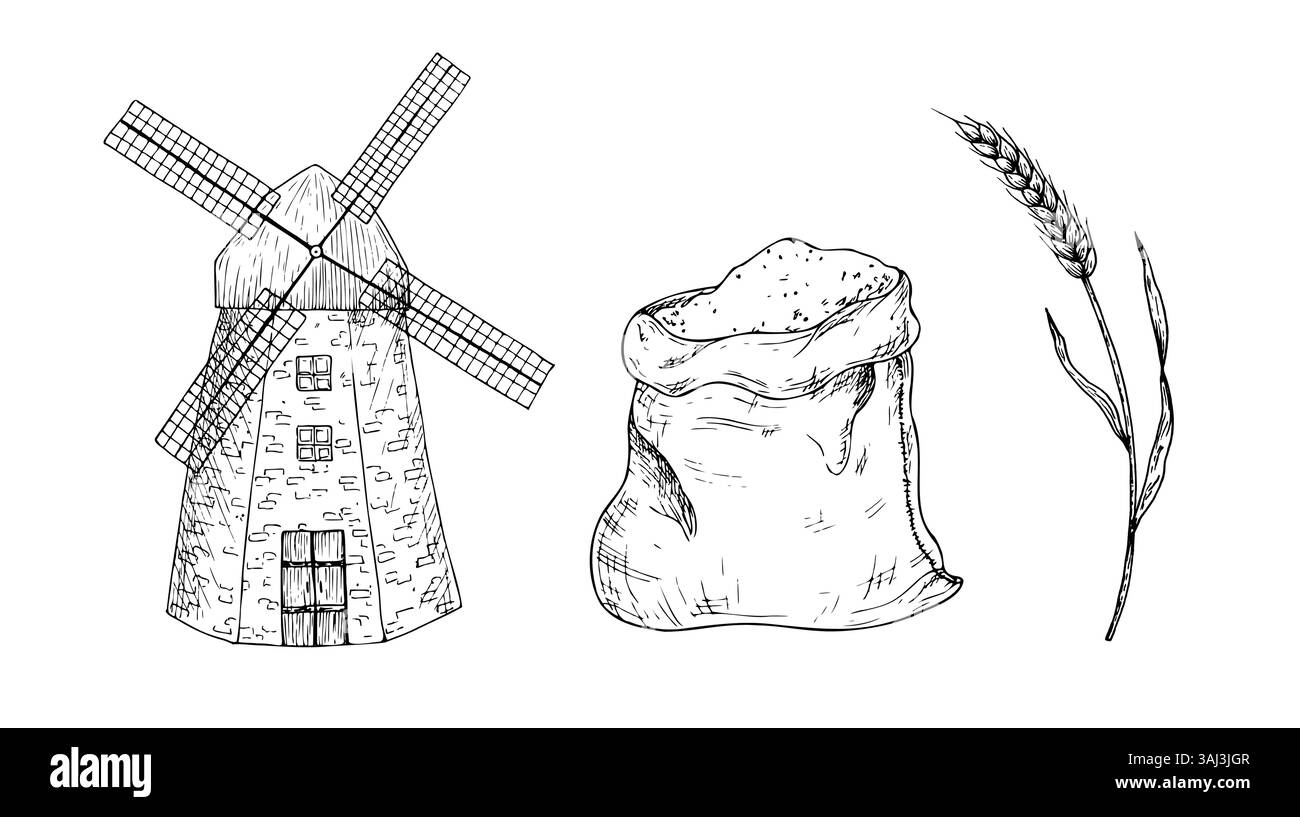 Mulino a vento Vector, borsa di tela in tessuto per il cibo o la consegna. Sacchetto di inchiostro grafico con farina, orecchio di grano, illustrazione della granella isolata sullo sfondo. Mano Illustrazione Vettoriale