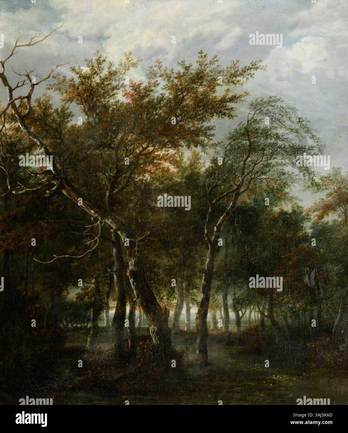 Un dipinto ad olio del XVII secolo di Jan van Kessel il Vecchio raffigurante un paesaggio boscoso, che mostra la sua attenzione per i dettagli naturali. Foto Stock