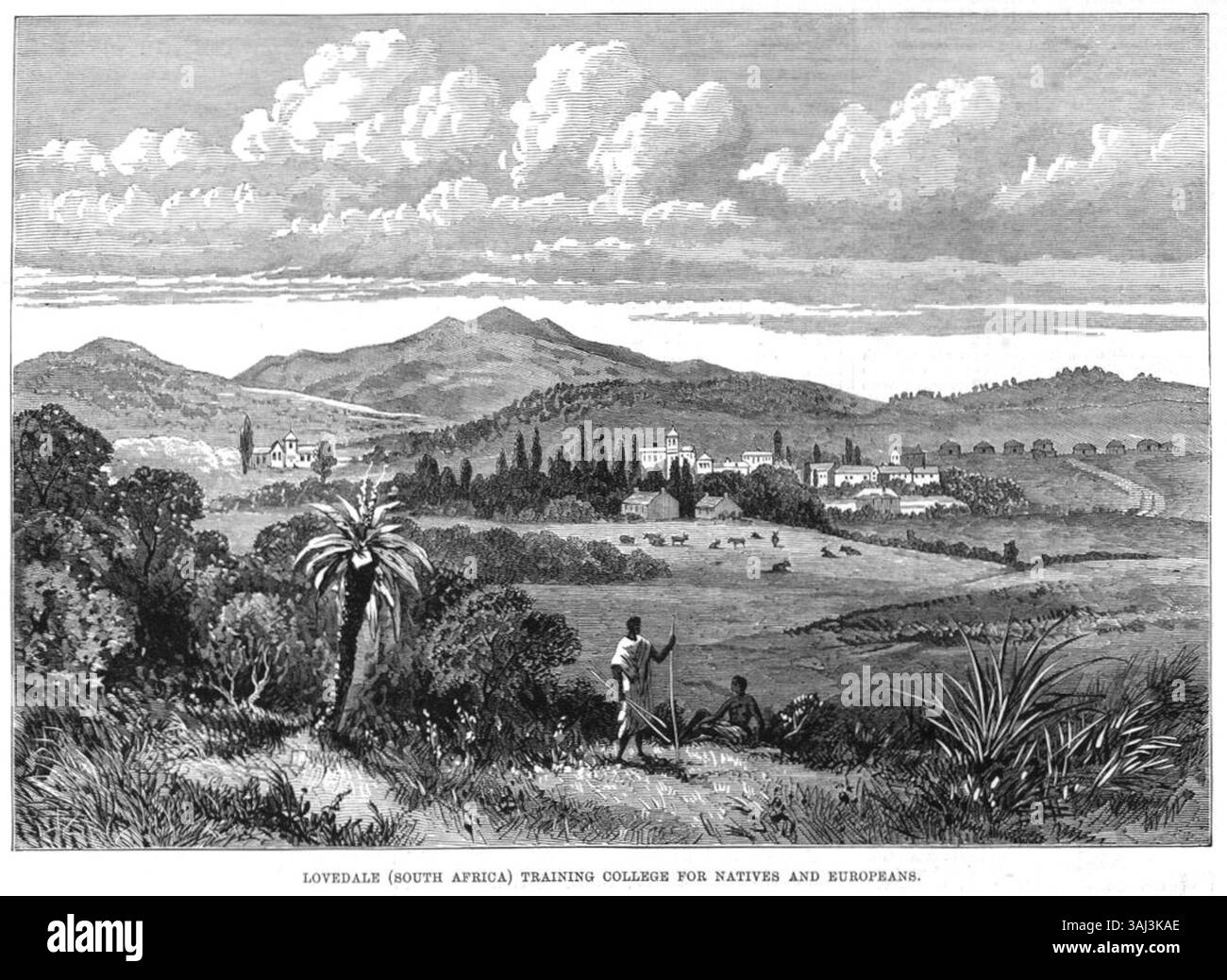 Questa illustrazione tratta dal Illustrated London News, 13 aprile 1878, raffigura il Lovedale College, un istituto di formazione per nativi ed europei nella Colonia del Capo, in Sudafrica. Riflette l'approccio coloniale all'istruzione e alla segregazione razziale durante la guerra di Kaffir. Foto Stock