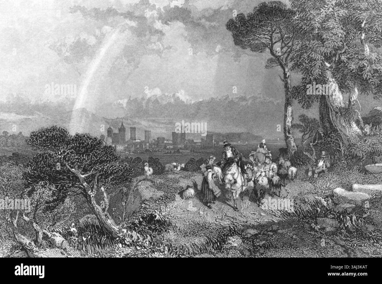 Un'incisione in acciaio di James Duffield Harding del 1832, raffigurante Albenga sulla costa genovese. L'incisione cattura il paesaggio e il lungomare della regione. Foto Stock