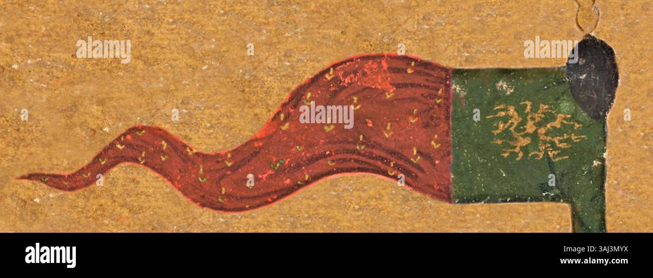 Questa bandiera ricostruita, dall'Impero timuride, si basa su una raffigurazione dello Zafarnama del 1436. Rappresenta lo striscione usato dalle forze di Tamerlano durante la campagna contro la Cina. Foto Stock