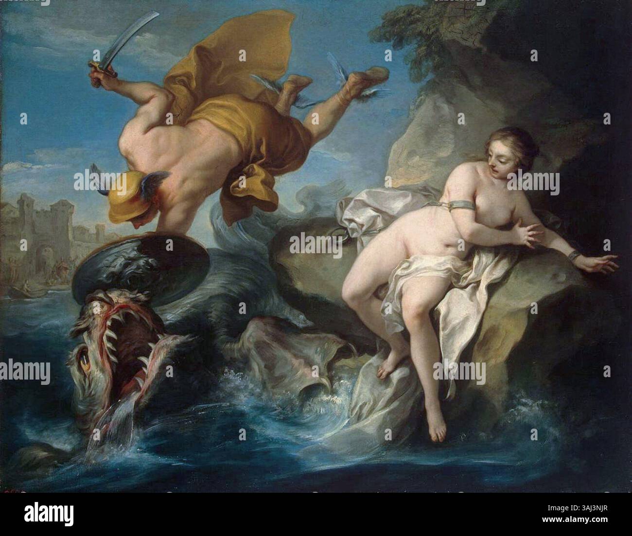 "Perseo e Andromeda" di Charles André van Loo (1735-1740) raffigura la scena mitologica di Perseo che salva Andromeda da da un mostro marino. Il dipinto ad olio, ospitato nel Museo dell'Hermitage, cattura la tensione drammatica con dettagli intricati nelle figure e nel paesaggio. Foto Stock