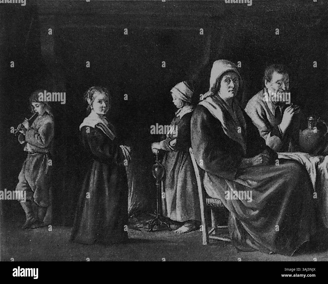 Creato dai Fratelli le Nain, questo dipinto del XVII secolo dimostra la loro abilità nel catturare momenti intimi della vita quotidiana, un segno distintivo del loro stile artistico. Le loro opere spesso mescolavano realismo e commento sociale, riflettendo il complesso tessuto sociale del periodo. Foto Stock