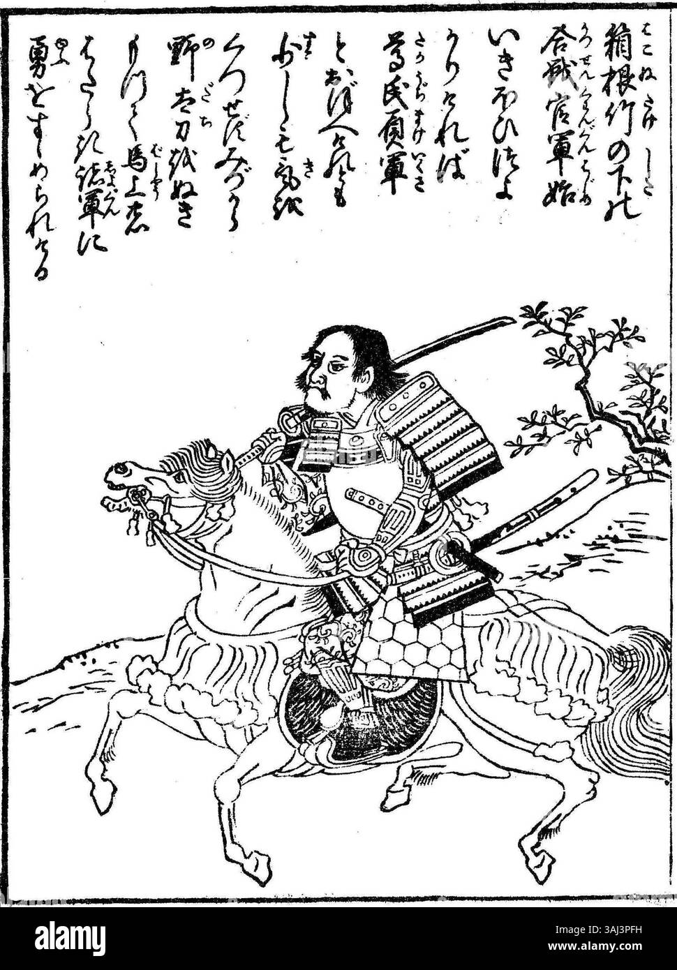 Questo è un ritratto di un guerriero a cavallo, Ashikaga Takauji, dal libro "Ehon Musha Bik" (Libro pittorico delle osservazioni dei guerrieri), creato da Nishikawa Sukenobu nel 1749. L'opera raffigura un guerriero a cavallo in abbigliamento tradizionale, mostrando la forza e la cultura marziale del tempo. Foto Stock