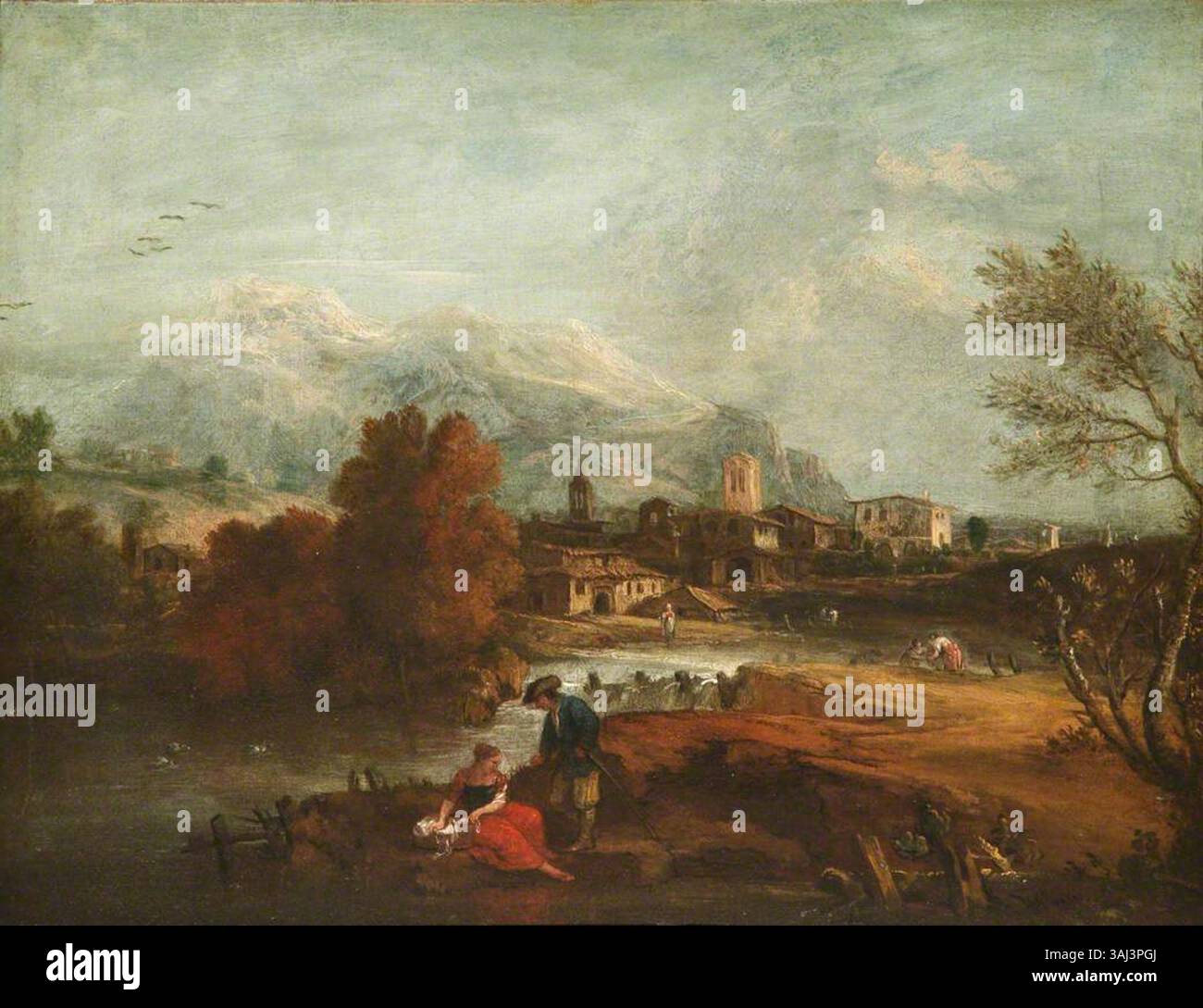 Questo dipinto paesaggistico, realizzato nello stile di Giuseppe Zais tra il 1700 e il 1799, presenta una coppia in riva ad un fiume. L'olio su tela cattura una tranquilla scena di natura e interazione umana. Foto Stock