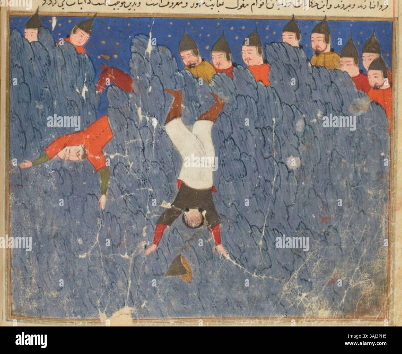 Questa illustrazione manoscritta del Jami al-Tawarikh (1420-1430) raffigura il popolo Naimo in fuga da Gengis Khân, illustrando un evento storico dall'Impero mongolo. Foto Stock