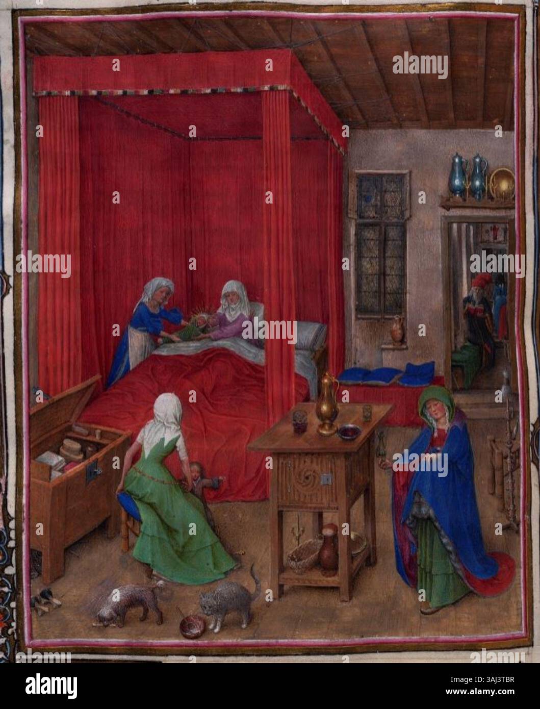 Miniatura tratta da "le ore di Milano-Torino" di Jan van Eyck, che illustra la nascita di San Giovanni Battista, intorno al 1420, in vivido dettaglio del Rinascimento settentrionale. Foto Stock