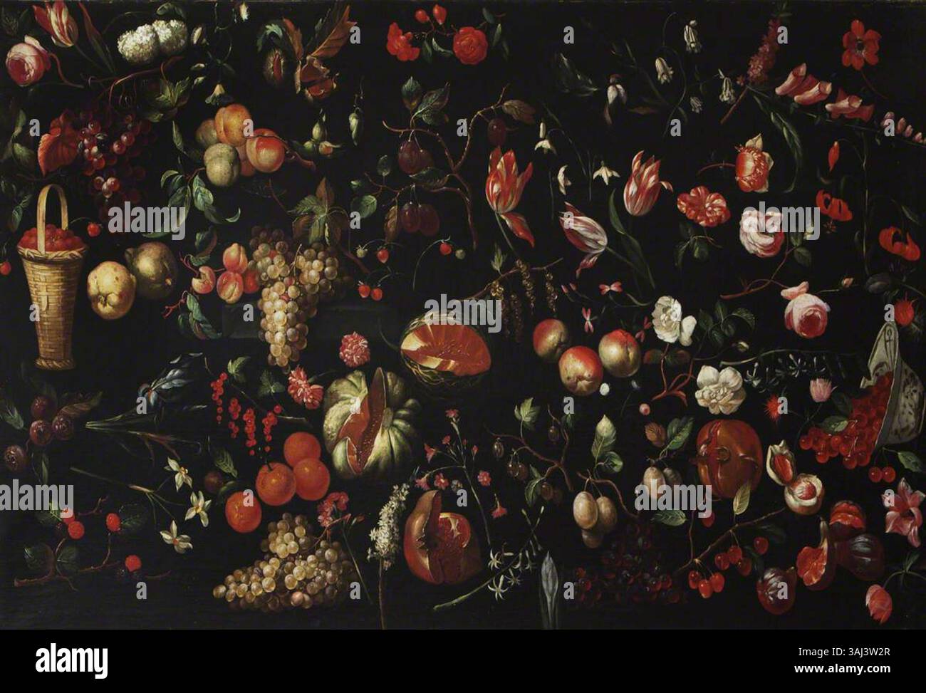 Questo dipinto di natura morta, attribuito alla Scuola Italiana (romana), presenta una dettagliata raffigurazione di fiori e frutti. È stato creato tra il 1600 e il 1699. Foto Stock Questo dipinto di natura morta, attribuito alla Scuola Italiana (romana), presenta una dettagliata raffigurazione di fiori e frutti. È stato creato tra il 1600 e il 1699. Foto Stock