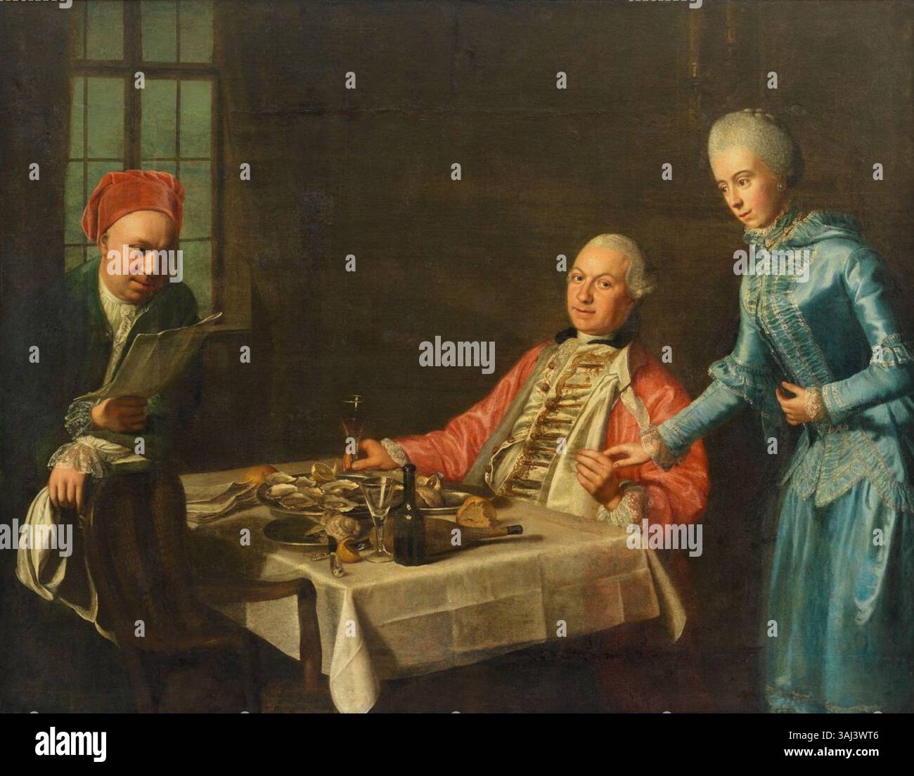 Ritratto del principe Giovanni Federico di Schwarzburg-Rudolstadt, circa 1760. Il principe viene mostrato mangiare ostriche per colazione, con sua figlia Friederike Sophie Auguste in piedi sulla destra. L'artista appare a sinistra. Questo dipinto a olio su tela è ospitato presso il Germanisches Nationalmuseum. Foto Stock