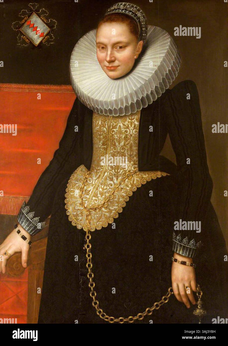 Ritratto di una donna fiamminga sconosciuta, dipinto nel 1619 nello stile di Frans Pourbus il giovane. L'olio sul pannello cattura una donna del XVII secolo in stile fiammingo. Il lavoro è detenuto dal National Trust. Foto Stock