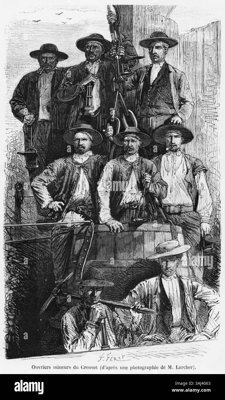 Questa illustrazione di Jules Férot, da "Les Grandes Usines" di Julien Turgan, raffigura i minatori di carbone di le Creusot durante il secondo Impero francese, offrendo una visione del lavoro industriale e delle condizioni di lavoro del periodo. Foto Stock