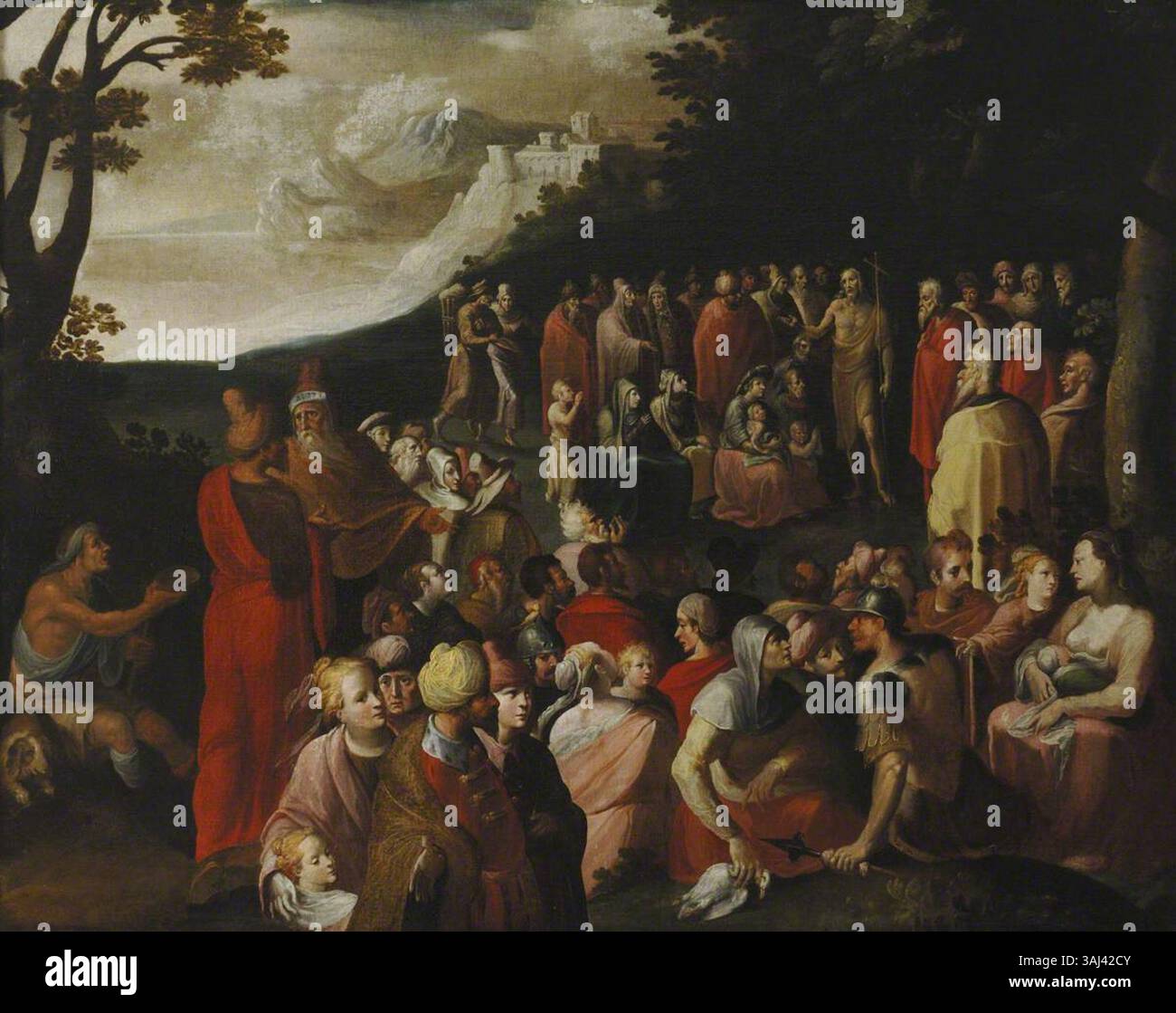 Il "San Giovanni Battista" di Karel van Mander che predicava alla moltitudine, dipinto alla fine del XVI secolo, raffigura la figura biblica di Giovanni Battista che consegna il suo messaggio a una folla. L'opera è ospitata nel St John's College ed è un esempio di arte religiosa del periodo. Foto Stock