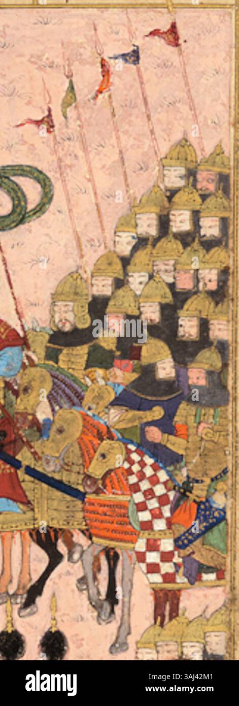 Questo foglio del manoscritto Shahnama, datato intorno al 1440, illustra una scena di cavalleria timuride. Riflette la cultura marziale e le strategie militari dell'Impero timuride durante il XV secolo, mostrando lo stile artistico distintivo del periodo. Foto Stock