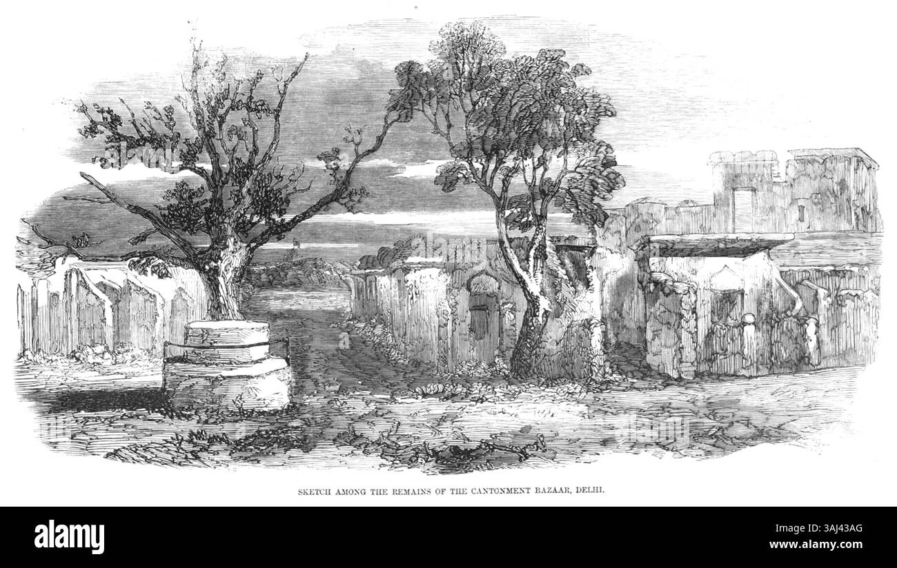 Schizzo del Cantonment Bazaar di Delhi, che mostra le sue rovine durante l'ammutinamento indiano del 1857. Pubblicato nel The Illustrated London News, fornisce una visione storica dell'area distrutta. Foto Stock