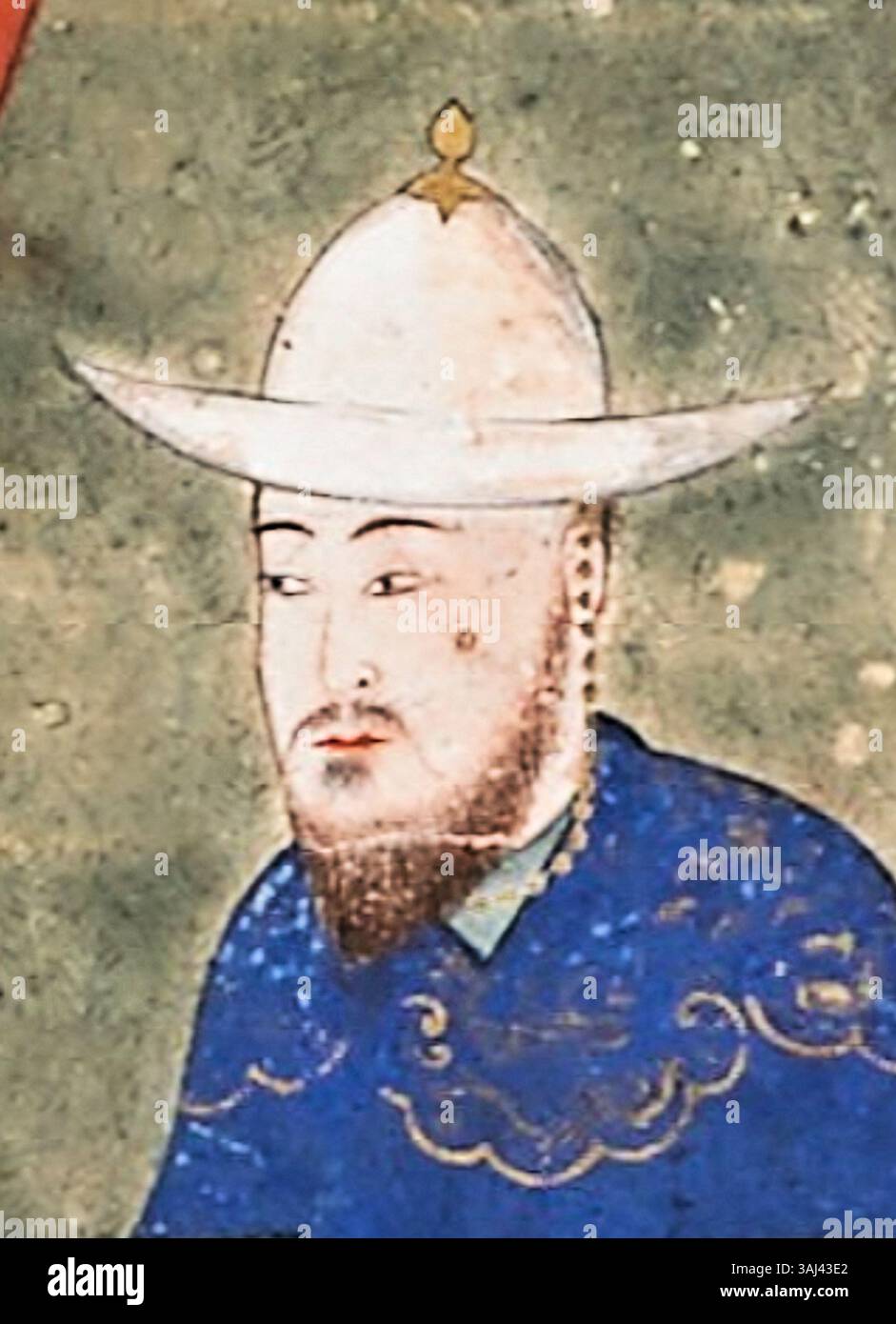 Questo ritratto di Ulugh Beg, dipinto tra il 1425 e il 1450, presenta il sovrano timuride in abbigliamento regale. Il dipinto, che include il suo nome e il suo titolo su un baldacchino, riflette l'importanza di Ulugh Beg come sovrano e studioso durante il periodo timuride, evidenziando i suoi contributi alla scienza e alla cultura. Foto Stock