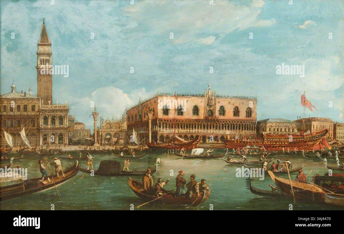Il Bucintoro torna al Molo il giorno dell'Ascensione, Venezia, dipinto del XIX secolo raffigurante una tradizione storica veneziana. La scena cattura la grande nave veneziana in una processione festosa. Foto Stock