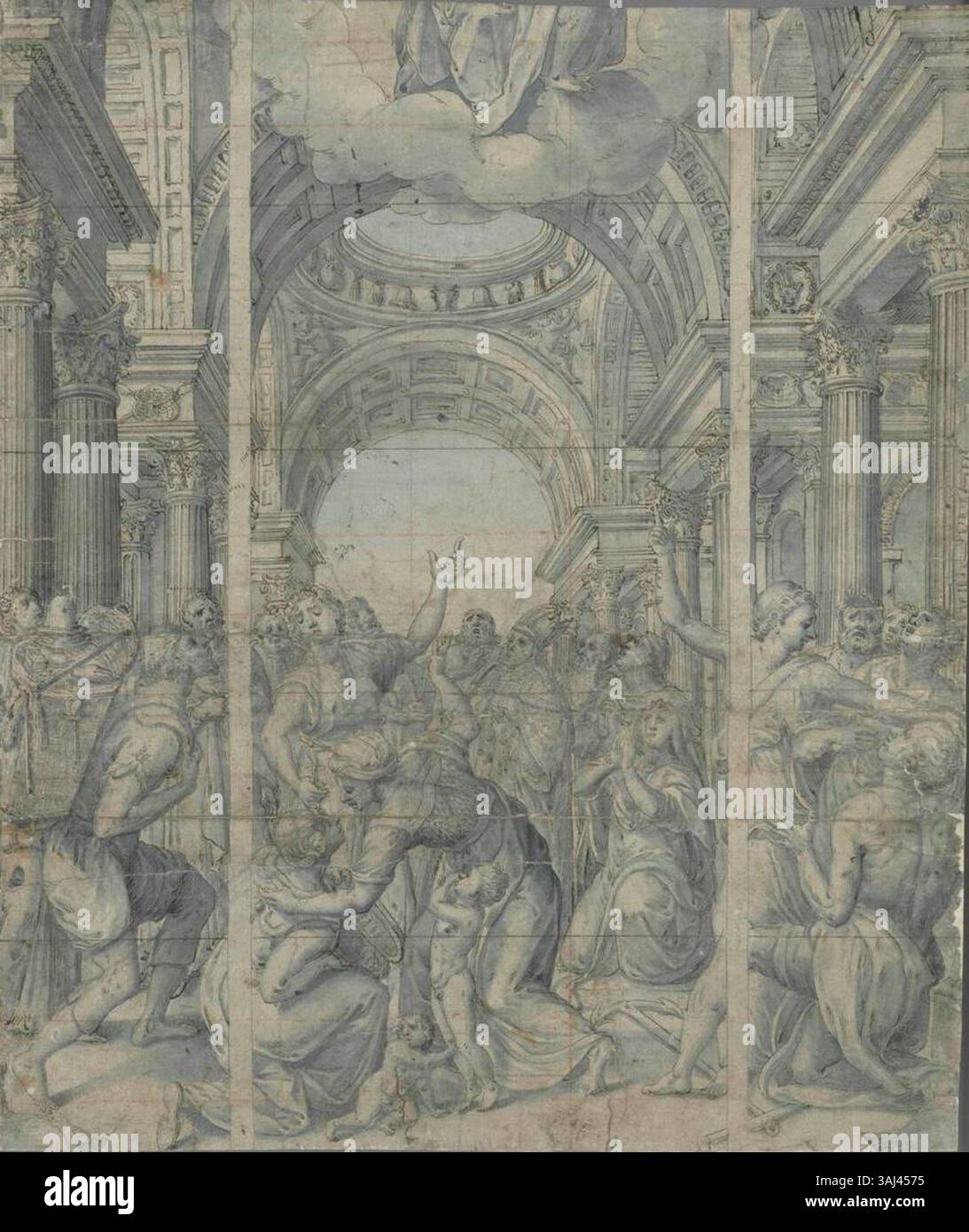 Disegno di Gerard van Groeningen raffigurante fede, amore e speranza che puntano al trono del cielo. Creato tra il 1561 e il 1576, il pezzo viene eseguito con inchiostro a penna e marrone con lavaggio marrone, squadrato con gesso rosso. Situato presso il Kupferstich-Kabinett di Dresda. Foto Stock