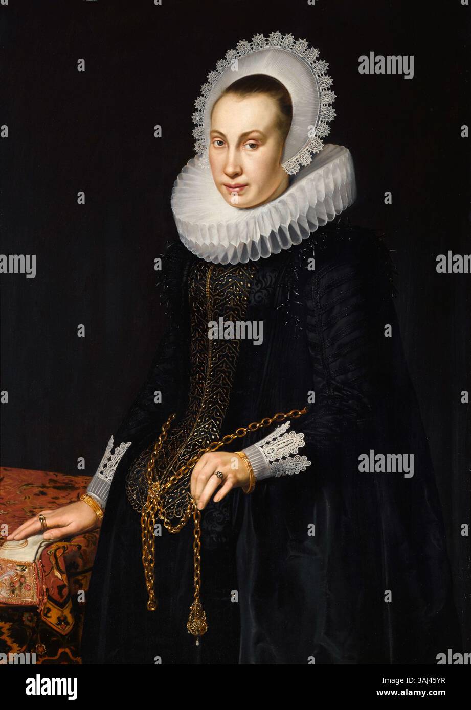 Questo ritratto di Cornelis van der Voort, dipinto intorno al 1620, presenta una giovane donna in un abito damascato nero con un ruff e un pizzo bianco. L'olio sul pannello fa parte della collezione Sør Rusche. Foto Stock