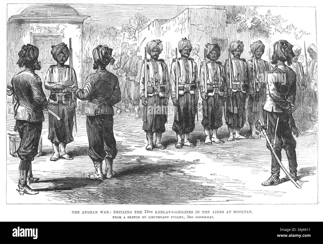 Questa illustrazione del 1879 mostra il dodicesimo reggimento Khelat-i-Ghilzies che perforava a Mooltan durante la guerra afghana. Offre informazioni sulle pratiche militari e sul ruolo dei soldati afghani nell'esercito coloniale britannico. Foto Stock
