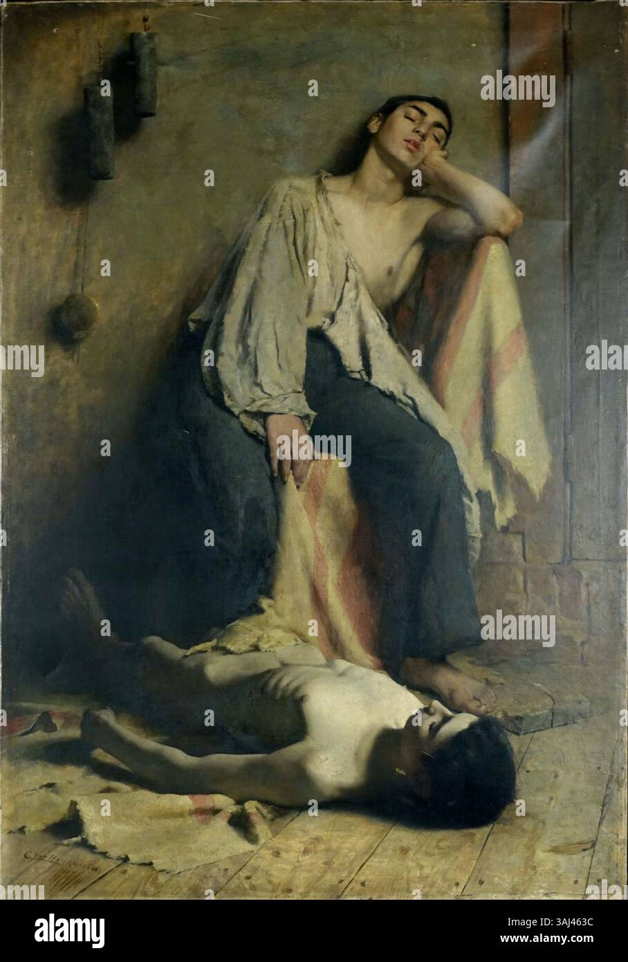 *Il sogno e suo fratello morto* di Charles Van Havermaet, dipinto tra il 1890 e il 1910, ritrae un tema malinconico in olio su tela. Firmato dall'artista in basso a sinistra. Foto Stock