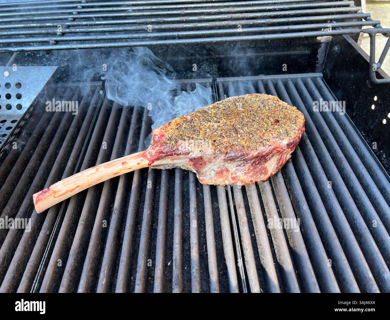 Bistecca di tomahawk condita sfrigolante su una griglia calda con lievitazione del fumo, che offre le classiche vibrazioni del barbecue all'aperto e preparazioni di carne di prima qualità. Foto Stock