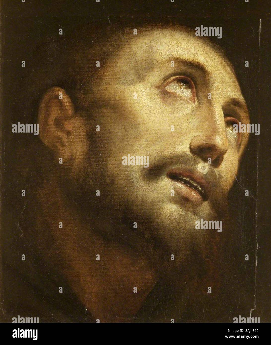 Un'opera religiosa della Scuola Lombarda italiana, raffigurante il capo di San Francesco in estasi. Il dipinto, creato intorno al 1600, fa parte della collezione del National Trust. Foto Stock