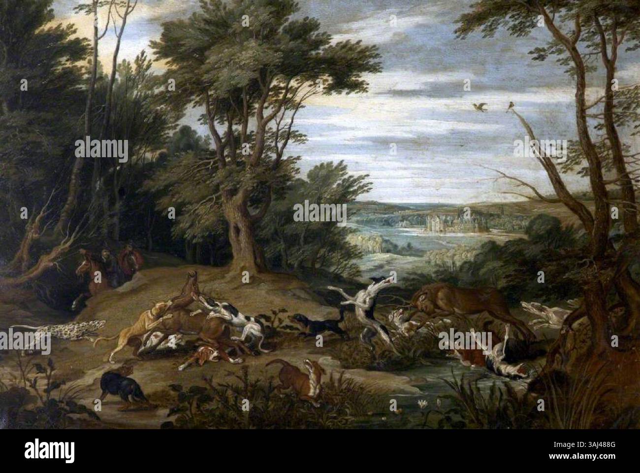 Questo dipinto ad olio, attribuito a Jan van Kessel il vecchio, raffigura una scena di caccia al cervo. Creato intorno al 1663, è ospitato nella collezione del National Trust e dipinto su rame. Foto Stock