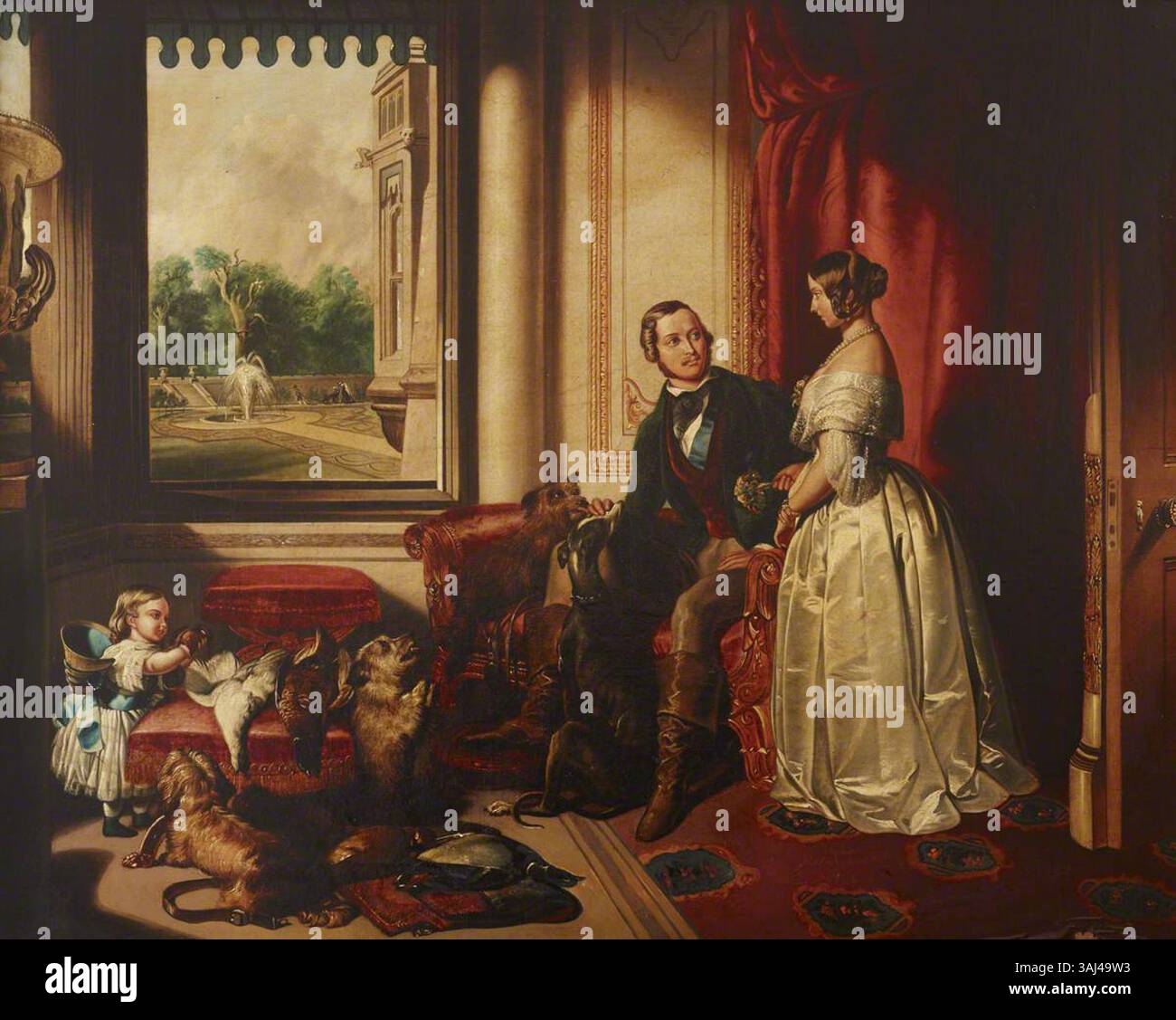 Questo dipinto, dopo Edwin Henry Landseer, raffigura la regina Vittoria, il principe Alberto e i loro cani al Castello di Windsor. Il lavoro a olio su tela evidenzia l'affetto della famiglia reale per gli animali durante il XIX secolo. Foto Stock