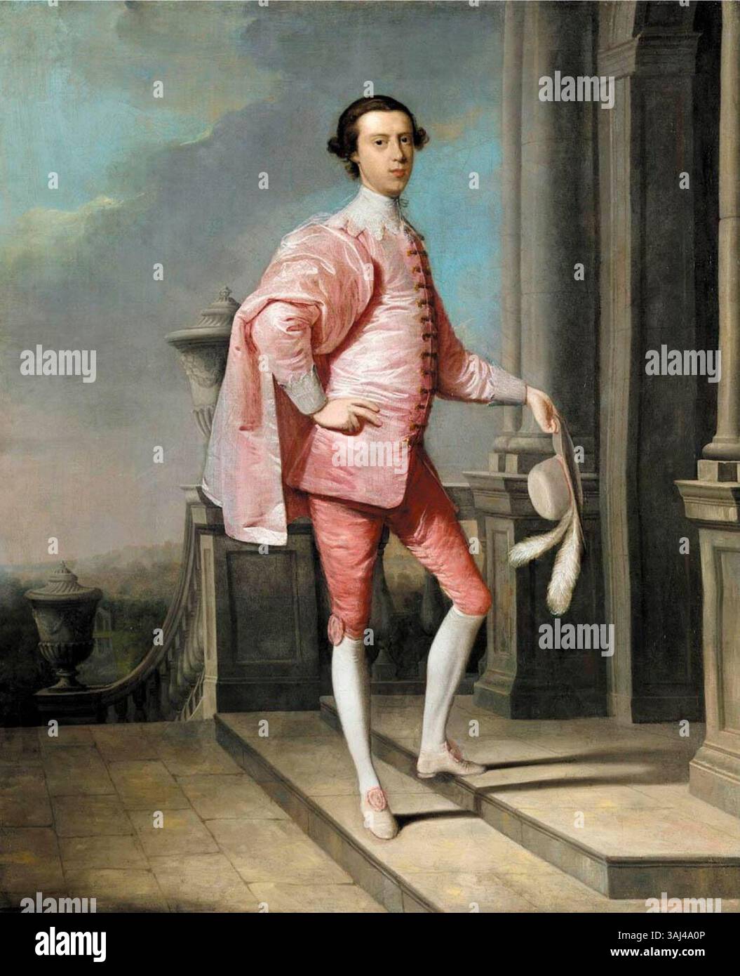 Questo ritratto del XVIII secolo di Arthur Devis raffigura James Brydges, III duca di Chandos e marchese di Carnarvon, in piedi su una terrazza in abito Van Dyck. Ha un cappello piumato ed è ritratto in tutta la sua lunghezza. James era un'importante figura politica e sociale, servendo come Gran Maestro dei massoni e membro del Parlamento. Foto Stock