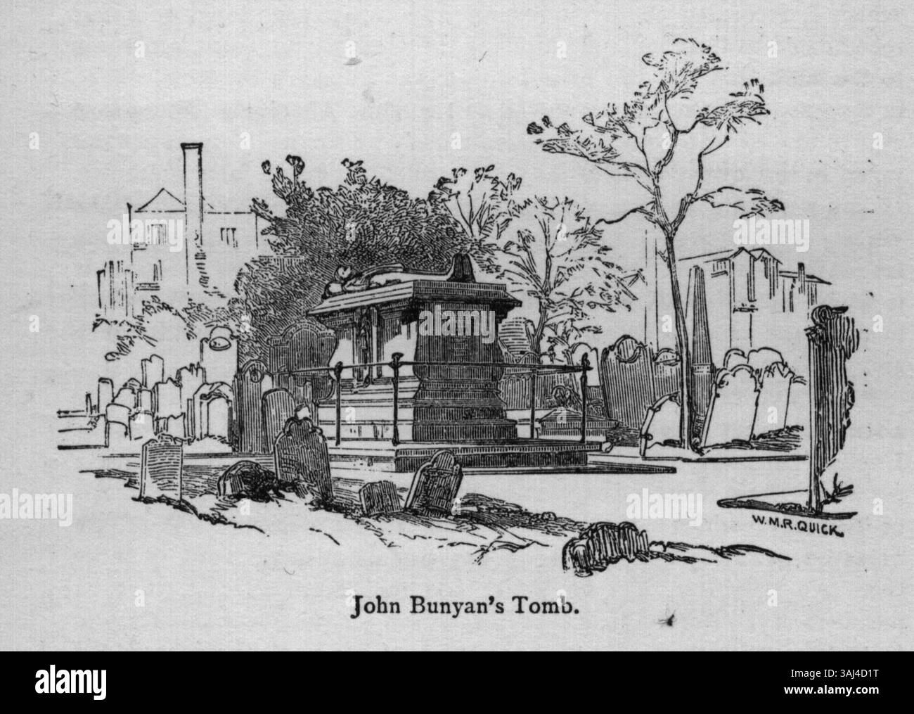 Illustrazione tratta da "Walks in London" di Augustus Hare (1878), che mostra la tomba di John Bunyan a Bunhill Fields, Londra. Bunyan, l'autore di "il progresso del Pellegrino", è commemorato in questo sito storico. Foto Stock