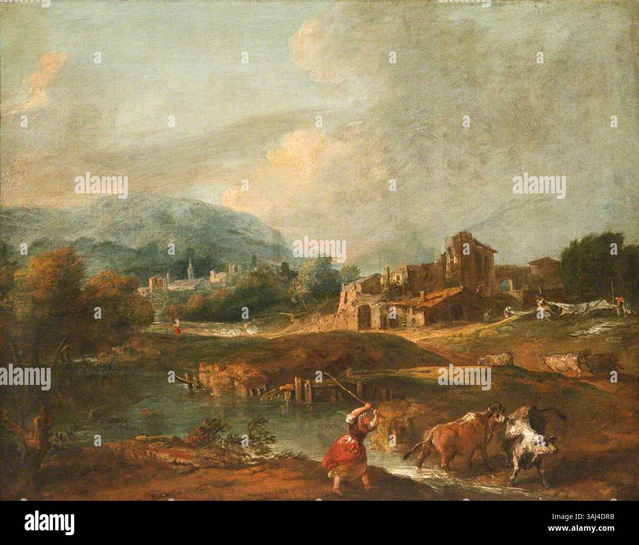 Questo dipinto paesaggistico, attribuito a Giuseppe Zais, raffigura una donna che guida il bestiame. L'olio su tela cattura la vita rurale tra il 1729 e il 1799 in un ambiente sereno. Raccolta National Trust. Foto Stock