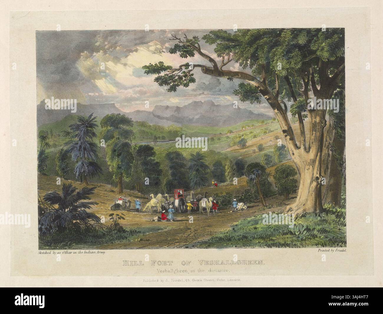 Questa litografia colorata del 1833 illustra la collina forte di Veshallgheen, parte di una serie che raffigura forti a Maharashtra, India. L'opera d'arte del barone A. Friedel mostra il paesaggio del forte, che fu originariamente disegnato da un ufficiale dell'esercito britannico. Foto Stock