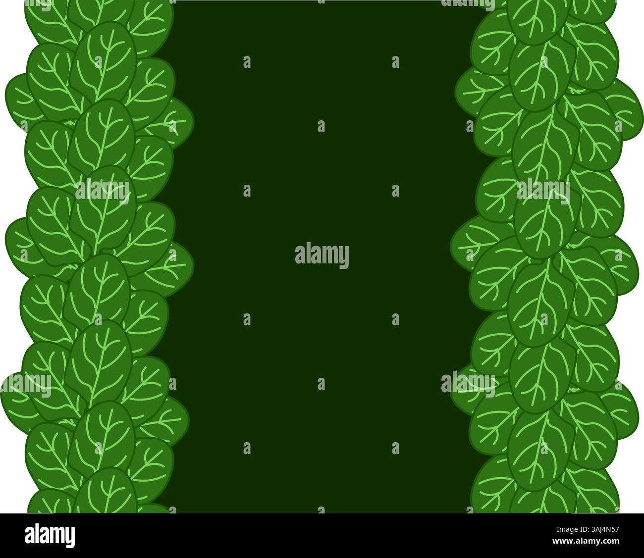 Le foglie di spinaci verdi incorniciano il bordo verticale senza cuciture le verdure a foglia, la boxe e i bordi. modello scheda. Striscioni per illustrazioni piatte vettoriali, stampa Illustrazione Vettoriale