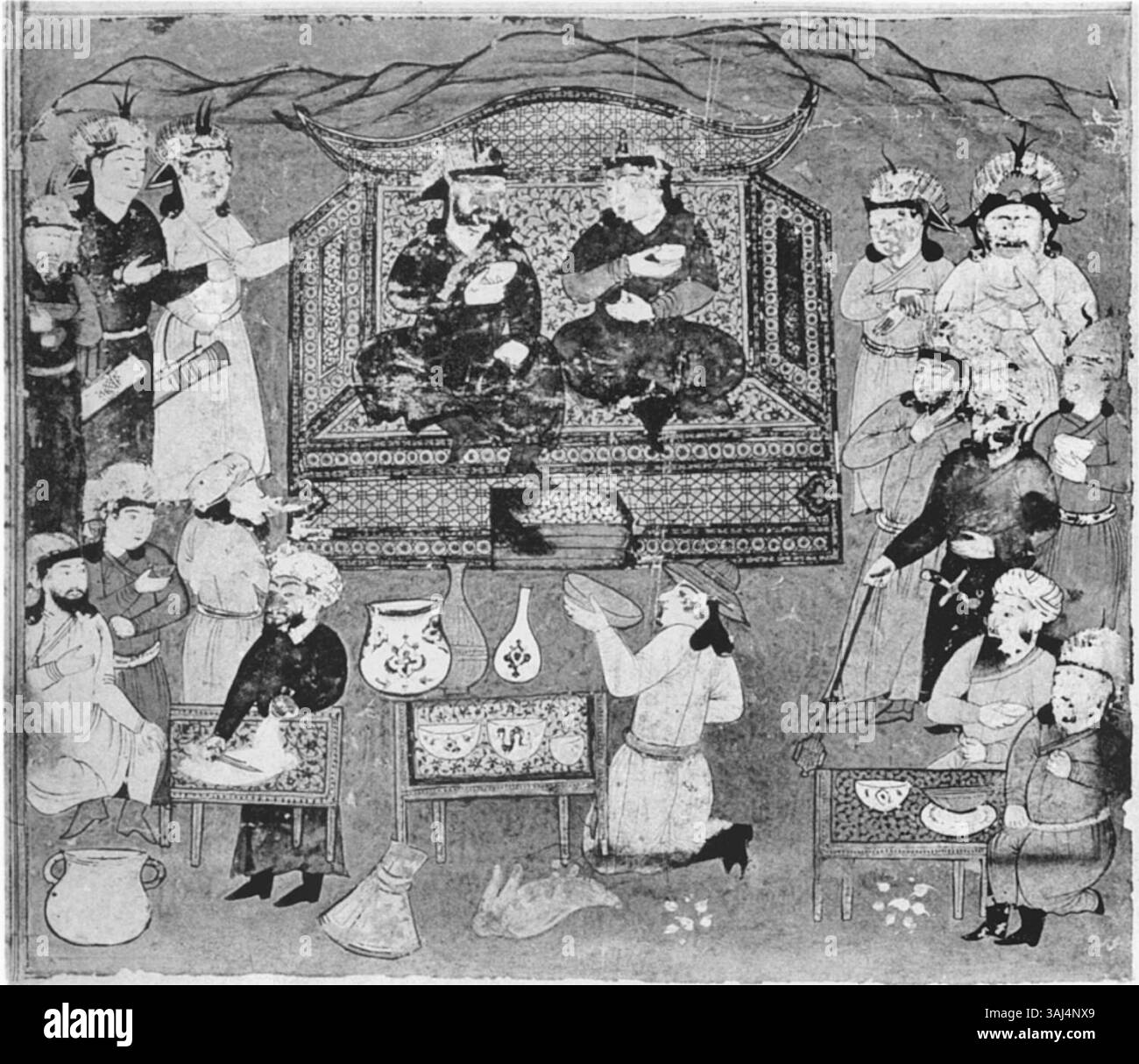 Folio 120 recto mostra Hulagu Khan che ospita una festa prima di imbarcarsi nella conquista dei castelli Ismna'ili nel Khorasan, primavera 1253 d.C. Foto Stock