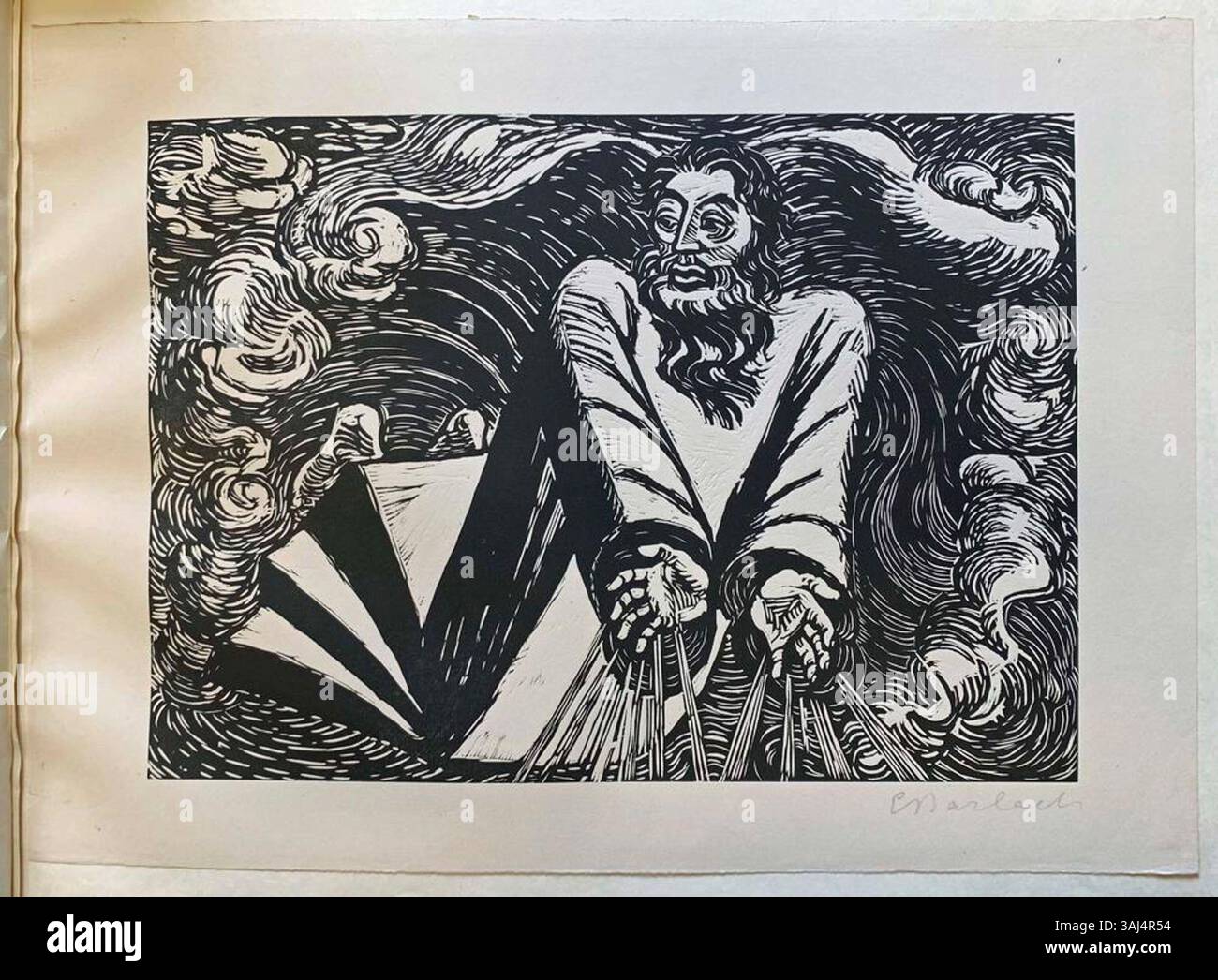 "Der erste Tag" (il primo giorno) di Ernst Barlach del 1920 ritrae una scena drammatica. Fa parte di un'edizione limitata di sette xilografie stampate su carta imperiale giapponese, firmate dall'artista. Foto Stock