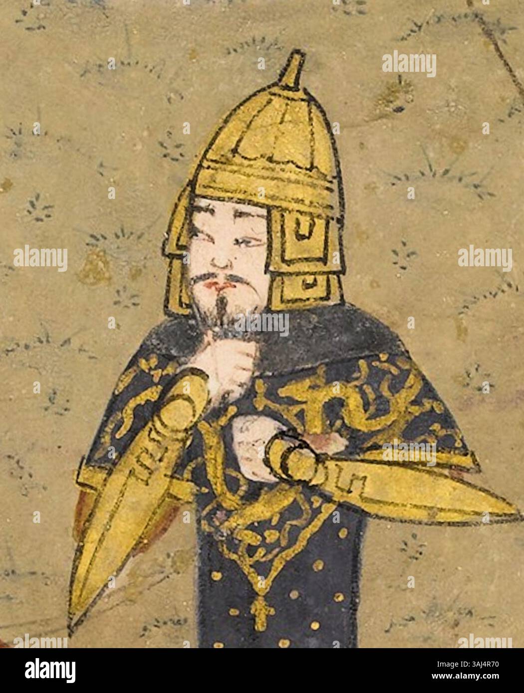 Questa illustrazione dello Zafarnama del 1436 raffigura Timur durante l'assedio di Baghdad nel luglio 1401. La scena cattura un momento storico di conflitto militare nel XV secolo. Foto Stock